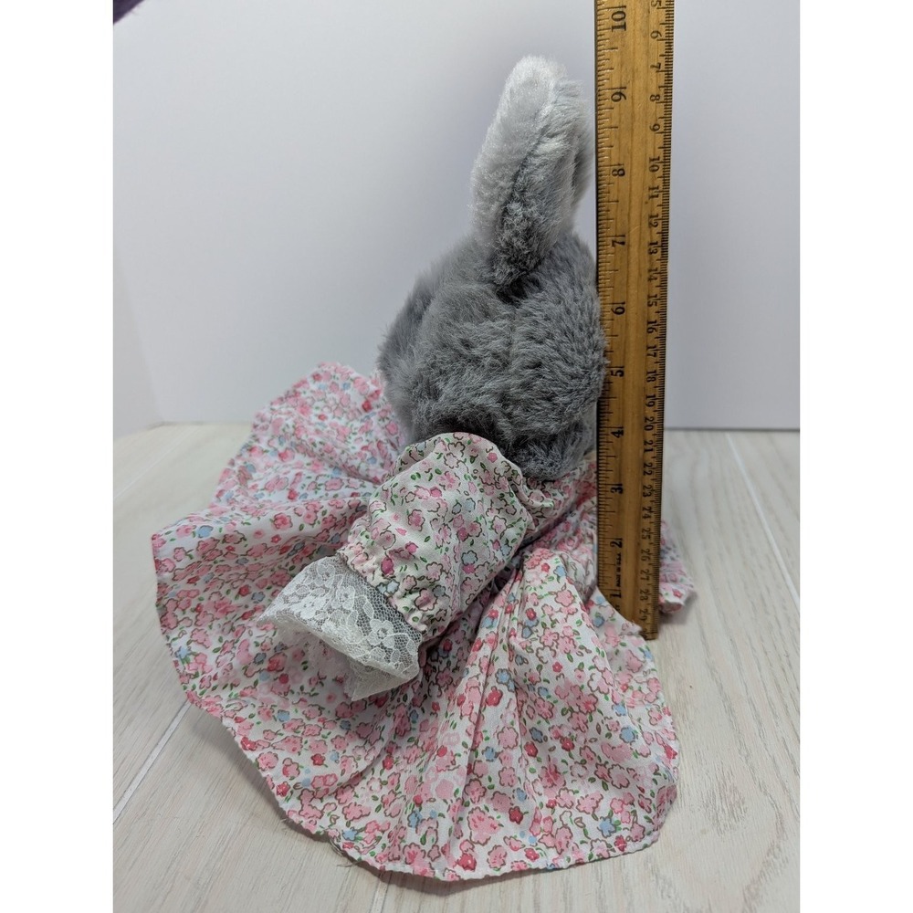 Easter Pets Grey Bunny Plush Stuffed Animal Pink Floral Dress vintage - Picture 9 of 9